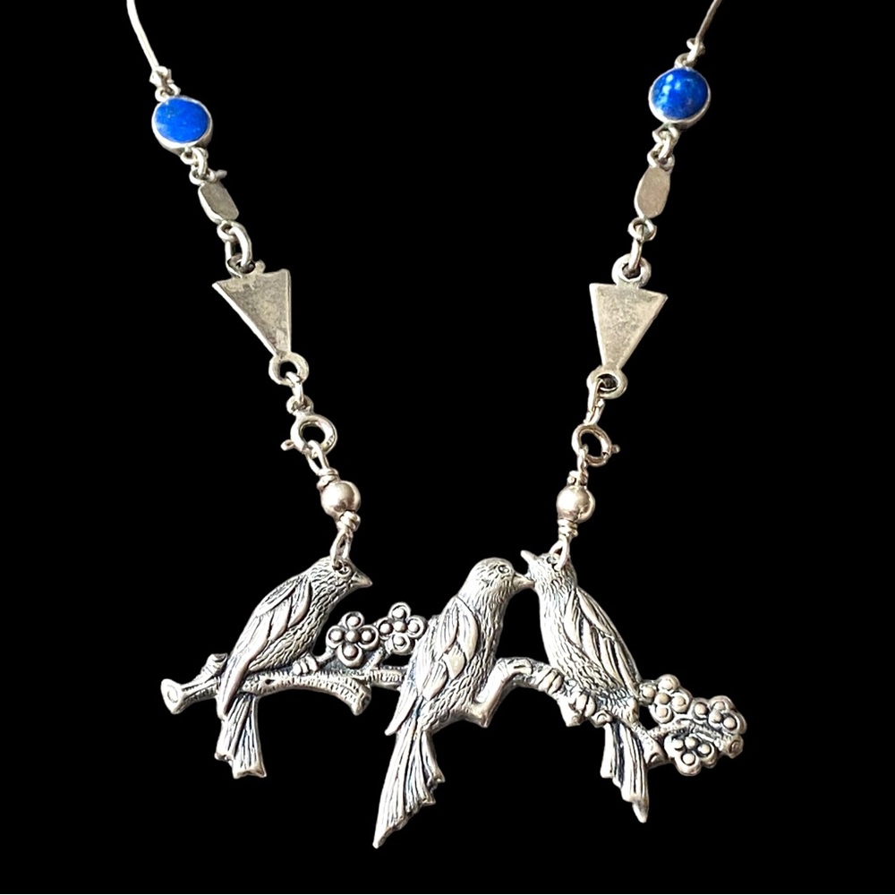 Vintage 925 Lapis Birds on A Branch Necklace Redesign By Tropicaliasf